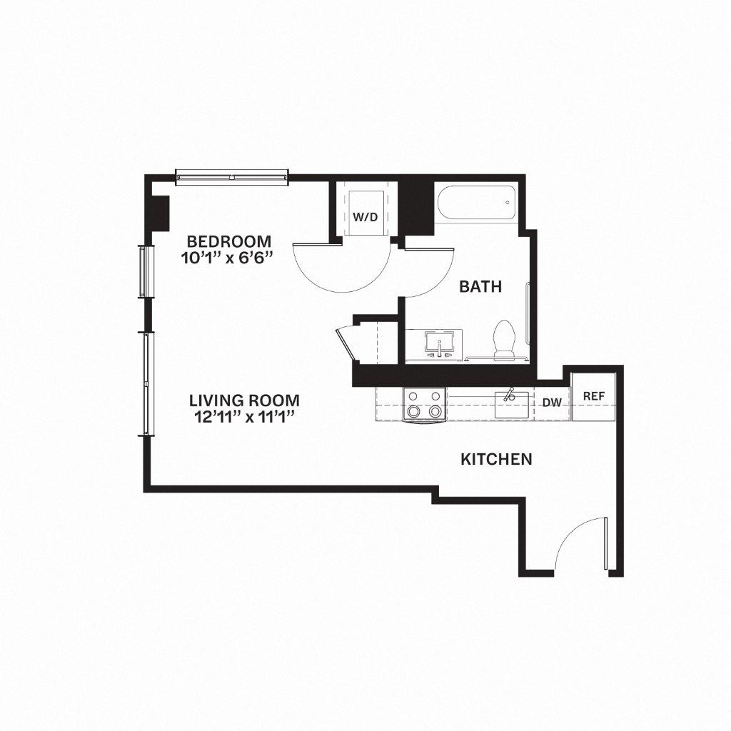 Floor plan for studio, 1 bath, 543 sqft
